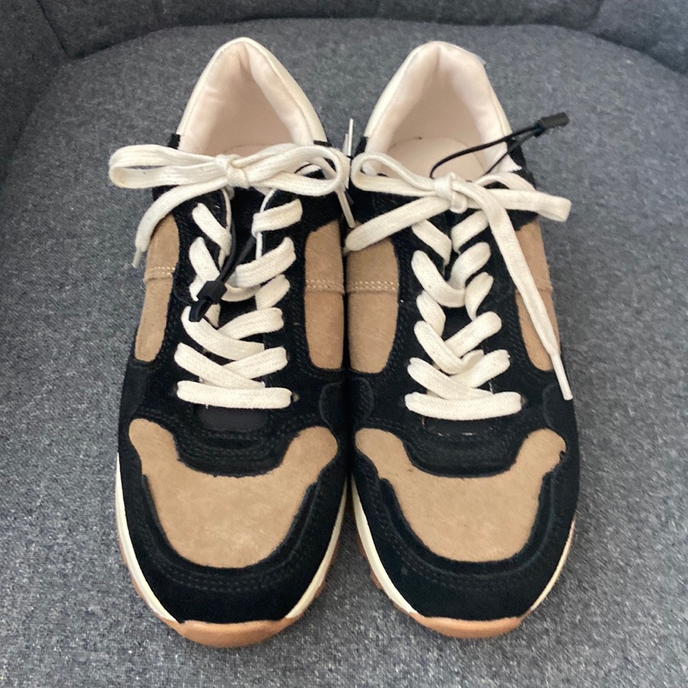 NWT Zara Genuine Suede Black/Tan Leopard Print Accent Athletic Sneakers Size 6